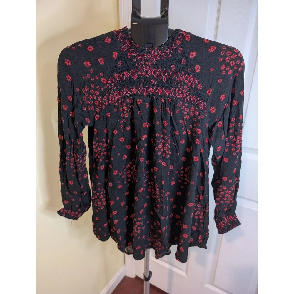 Free People Flowers In Her Hair S Tunic Black Red Boho Smocked Embroidered Top